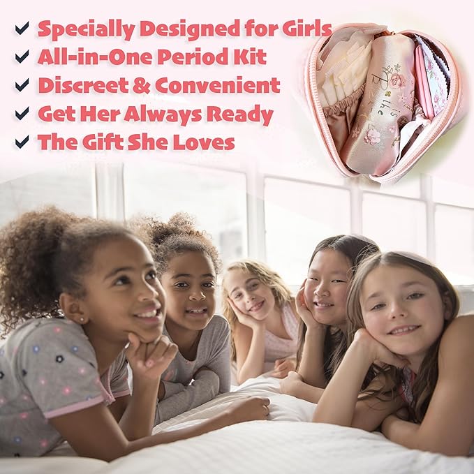 Essential First Period Kit for Girls 10-12 | Period Bags for Teen Girls for School | First Period Gift with Sanitary Pad Storage Bag, Wipes, Period Tracker and More(Pink)