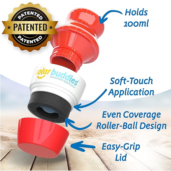Solar Buddies Sunscreen Applicator - Single Red - Refillable Roll on Sponge Sunscreen, Suncream & Lotion Applicator For Kids, Adults & Families - Holds 3.4fl oz, Perfect Size for Travel