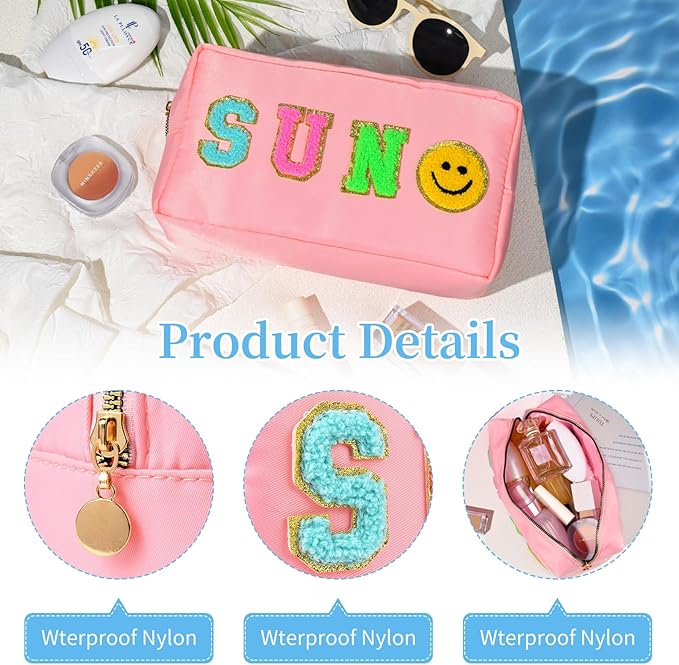 SOIDRAM Preppy Sun Makeup Bag Nylon Cosmetic Bag Stuff Makeup Pouch for Women Travel Toiletry Bag Organizer Cute Makeup Brushes Storage Bag with Chenille Letter Patches