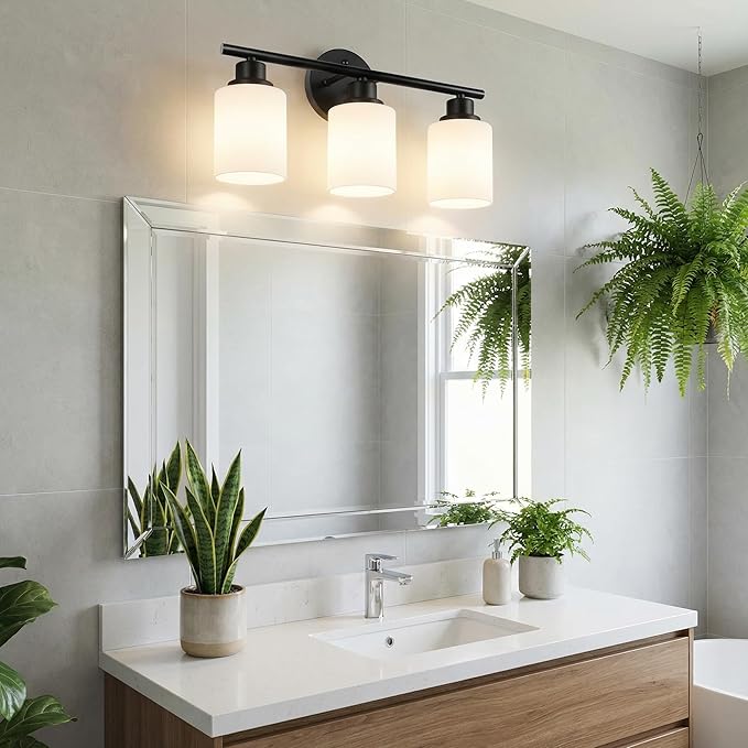 Unicozin 3 Light Bathroom Light Fixtures, Modern Vanity Lights with Milky Glass Shade, Black Wall Lamp Over Mirror for Bathroom, Living Room, Cabinet, Bedroom, E26 Base
