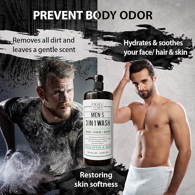 Dead Sea Collection Eucalyptus Mint Men’s Body Wash – 3 in 1 Body Wash for Men for Hair, Face & Body – Moisturizing Shower Gel with Dead Sea Minerals – Pack of 2 (33.8 fl oz each)