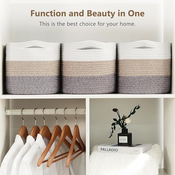 Cotton Rope Storage Basket, 15x10x9 Inches, Woven Basket for Shelves, Clothes, Towels, Books, and Laundry, White Brown (1 Pack)