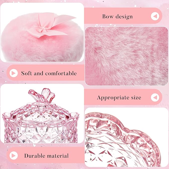 Tioncy 3 Pcs Large Body Powder Puff and Container Valentine's Day gift Powder Container with Puff Crystal Case Soft Washable Reusable Velour Face Body Glitter Wet Dry Makeup(Butterfly,Pink)