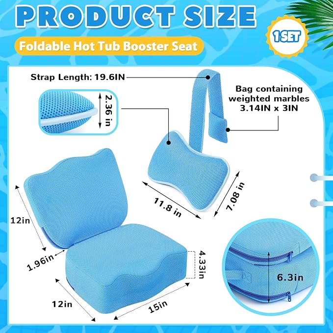 Yerliker 1 Pcs Foldable Hot Tub Booster Seat for Adults Adjustable 2 Heights up to 6.3" with Bath Pillow Weighted Spa Cushion 3D Air Mesh Inflatable Hot Tub Seat Accessories for Spa Bathtub Pool