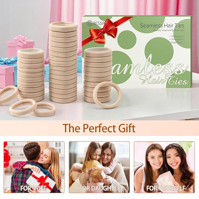 Bessrung 100 PCS Seamless Nylon Hair Ties, No Damage Elastics Hair Ties for Women Girls, Soft Stretchy Ponytail Holders for Thin Thick Hair, Snag-Free Hair Bands(Beige Color)