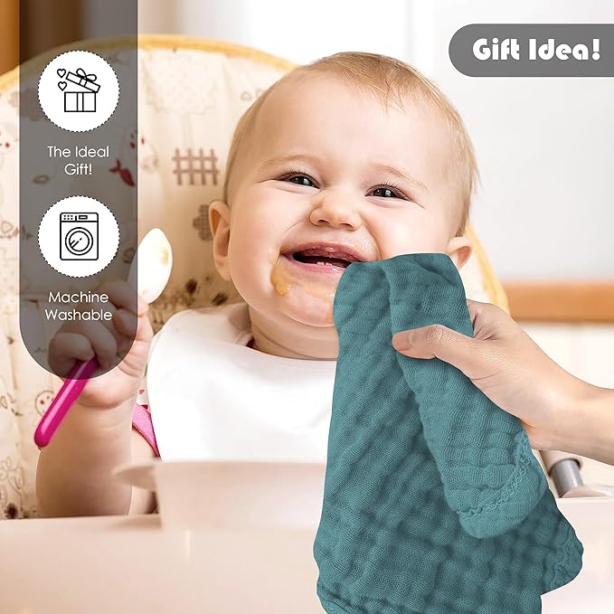 12 Pack Muslin Washcloths for Baby - 100% Cotton Baby Wash Cloths for or Baby Face Body Comfy and Soft for Newborn Infants Kids Girls and Boys - 12"x12" - Ivory, Slate and Emerald Series
