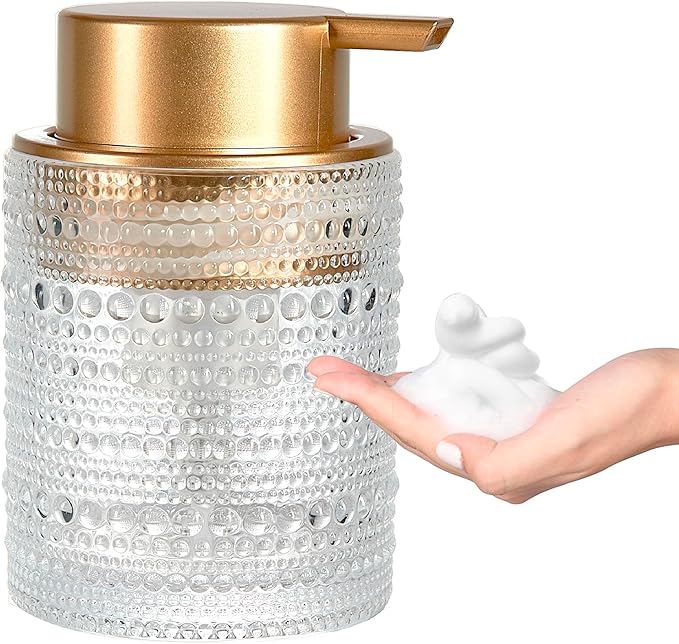 12 Oz Glass Foaming Soap Dispenser with Gold Pump, Clear Refillable Liquid Hand Soap Bottles for Bathroom, Cute Decorative Lotion Container for Dish Soap, Hand Soap