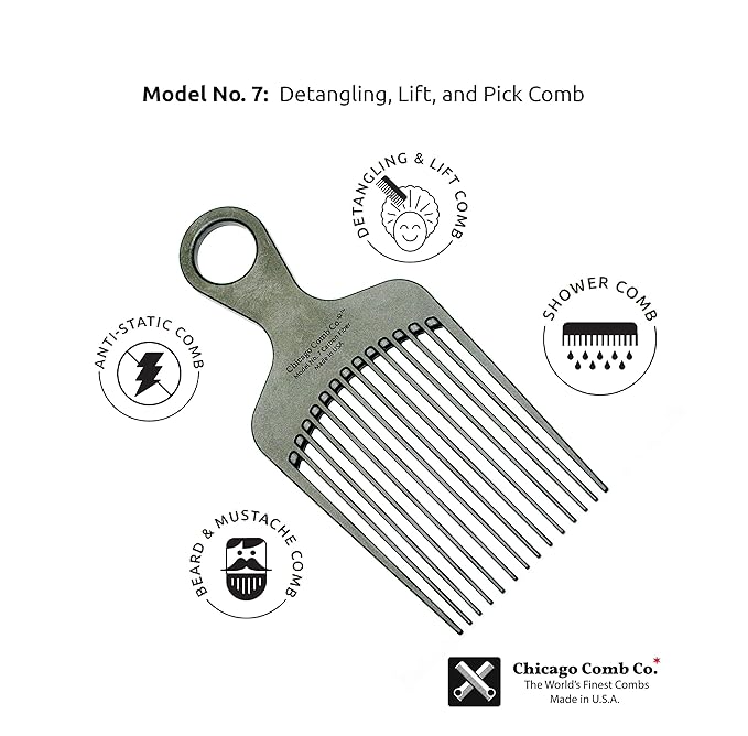 Chicago Comb Model 7 Carbon Fiber Pick Comb, for Long Thick Curly & Afro Hair Styles, Black Color, 6 inches (15 cm)
