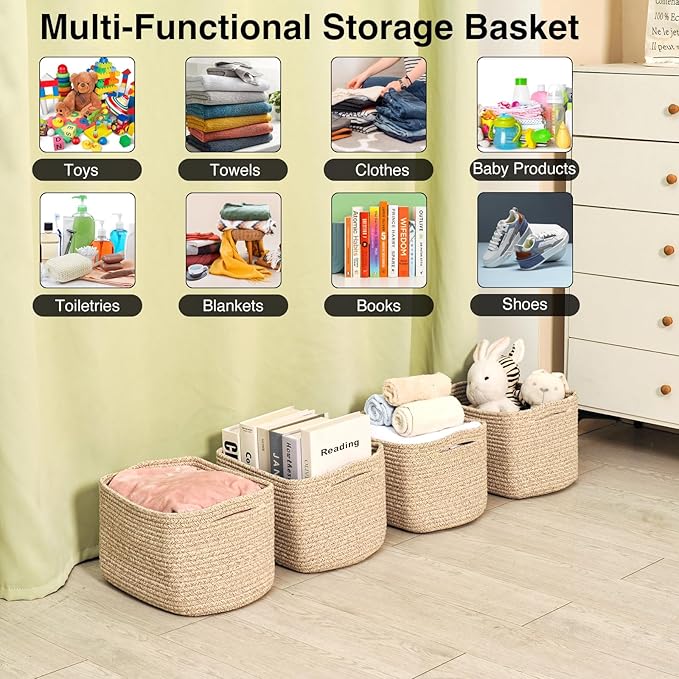 Small Storage Baskets for Shelves Organizing, Woven Cotton Rope Baskets for Storage, Book Basket, Decorative Shelf Basket, 12.5"Lx9.1''Wx7.9''H (4 Packs) Mixed Brown