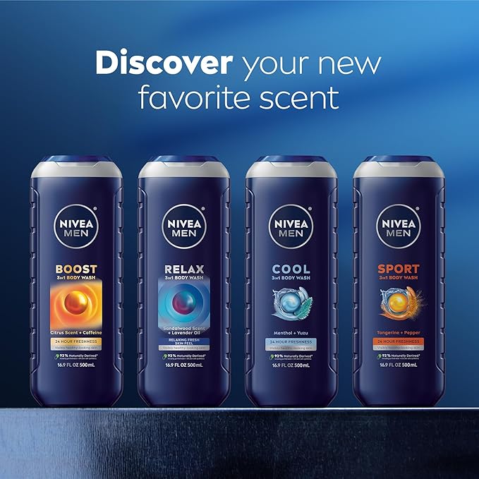 NIVEA MEN Cool Body Wash, Icy Menthol and Yuzu Scent, 3-in-1 Men's Body Wash, Face and Hair, Paraben Free, pH-Skin Friendly, 16.9 Fl Oz Bottle, Pack of 3