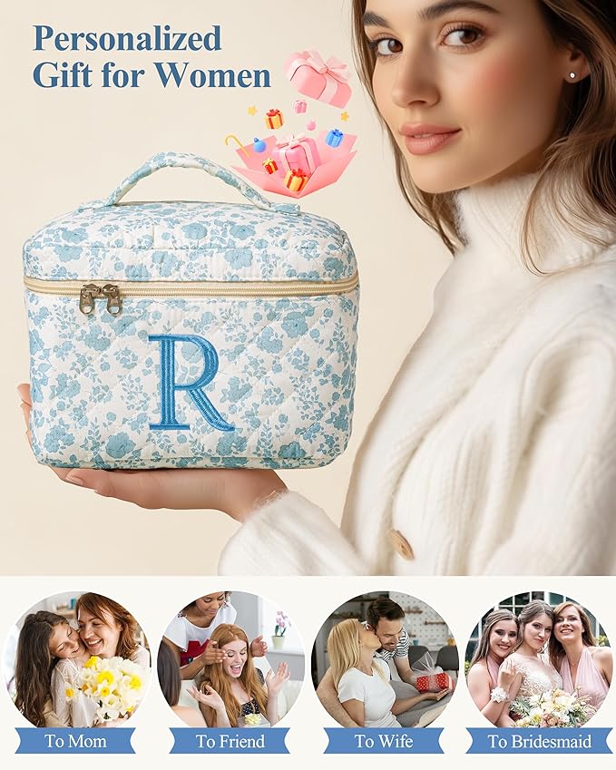 HBselect Initial Quilted Makeup Bag, Cotton Large Travel Makeup Bag, Cute Floral Coquette Make up Bag Cosmetic Bag Toiletry Bag for Women Girls R
