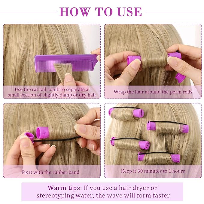 Chuangdi 24 Pcs Hair Perm Rods Plastic Cold Wave Perming Curlers Hair Rollers with Steel Pintail Comb Rat Tail Comb Tools for Hairdressing Styling(Purple,0.75 Inches)