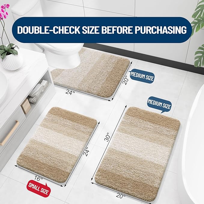 OLANLY Bathroom Rugs Sets 3 Piece, Soft Absorbent Microfiber Bath Mats and U-Shaped Contour Toilet Rug, Plush Shaggy Bath Mat Set for Bathroom (30"x20"+24"x16"+24"x20", Tan)