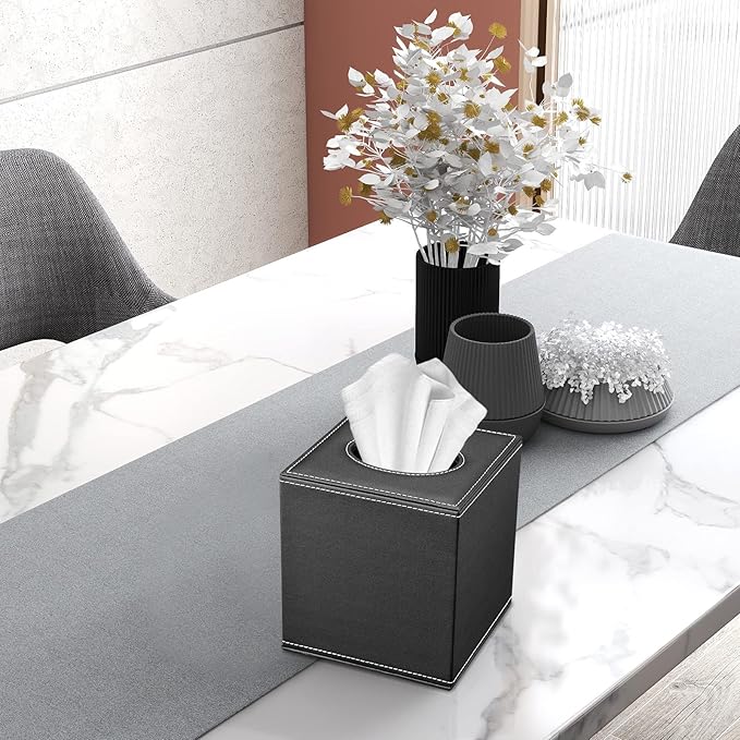 Tissue Box Cover, PU Leather Tissue Box Holder Square Box Covers for Home/Office/Car Decoration 5.3"X5.3"X5.8" - Black