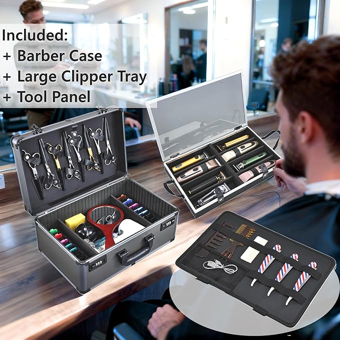 Professional Barber Case - Portable Barber Tool Case Hair Clipper Organizer with Combo Locks, Detachable Trays for Clippers, Shears, Razors, Trimmers - Secure Storage for Barbershop or Travel