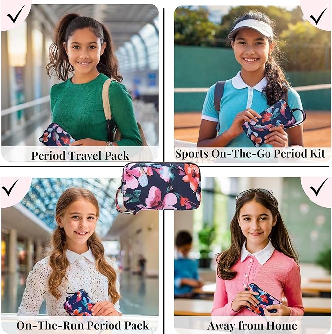 First Period Pal Pack to-Go Kit | 24 pcs | First Period Kit for Tweens | Teen Period Kit| Discrete Period Bag, Pads, Panty Liners, Period Kits for Tweens 10-12 (Gentle Flowers)