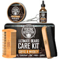 Viking Revolution - Ultimate Beard Kit Coffee and Whiskey - Beard Grooming Kit for Men with Beard Brush, Beard Comb, Beard Balm, Beard Oil, Beard and Moustache Scissors - Husband Gifts for Men