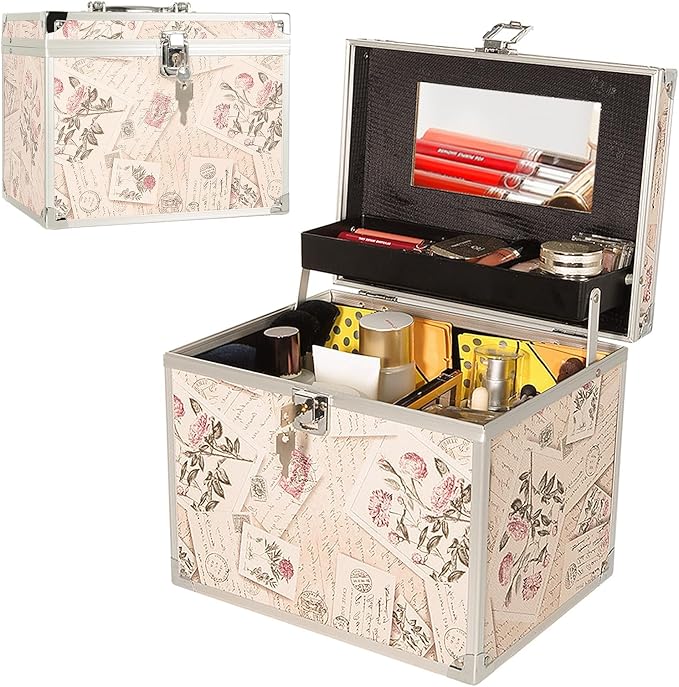 VNIMTI Makeup Train Case, Portable Makeup Box with Mirror, Cosmetic Storage Box for Women with Trays, Makeup Box Organizer (Vintage Stamp - Box -Size L)