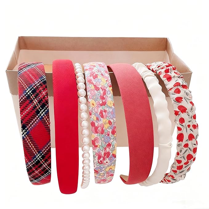 AHONEY 7 Pack Red Headbands for Women Girls Cute Headbands Fashon Non Slip Hairbands Hair Accessories Multi-style Headband Pack
