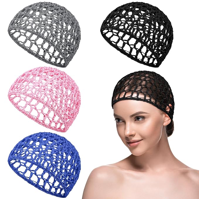 Geyoga 4 Pieces Mesh Crochet Hair Net Rayon Knit Snood Hat Thick Short Women Hairnet Snoods Cover Ornament for Sleeping(Black, Pink, Gray, Blue)