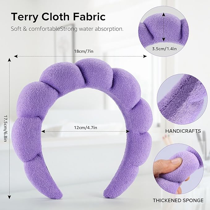 Terry Cloth Spa Headbands for Washing Face or Facial, Set of 2, Black & Purple - Puffy Makeup Headbands for Face Washing, Mask, Skin Treatment