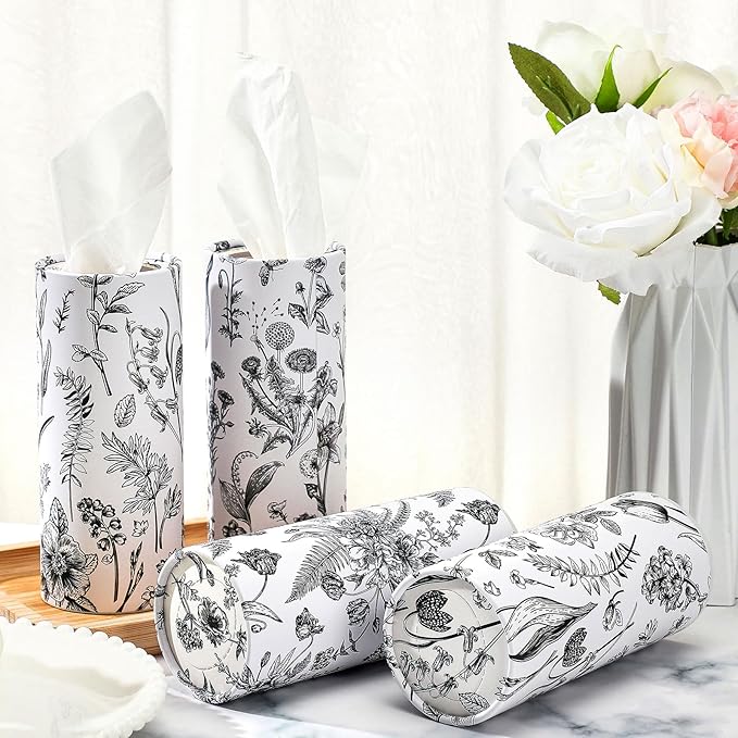 Zonon 16 Pcs Vintage Floral Round Tissues Box Car Holder with Facial Tissue Bulk Black Flower Travel Tubes for Car with 50 Sheets Christmas Cylinder Face Towel Fit for Cup Holder Round Container