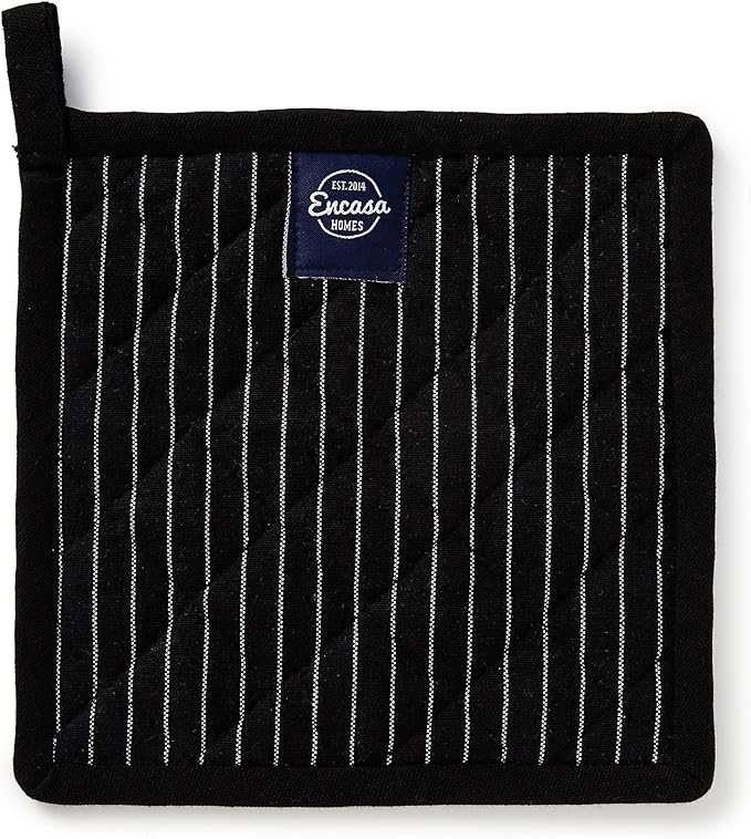 Encasa XO 8 inches Oven Microwave Potholders (2 pc Set) for Kitchen Cooking & Baking - Heat Resistant, Thick & Safe, Protection of Hands from Hot Utensils - Butcher Stripes Black