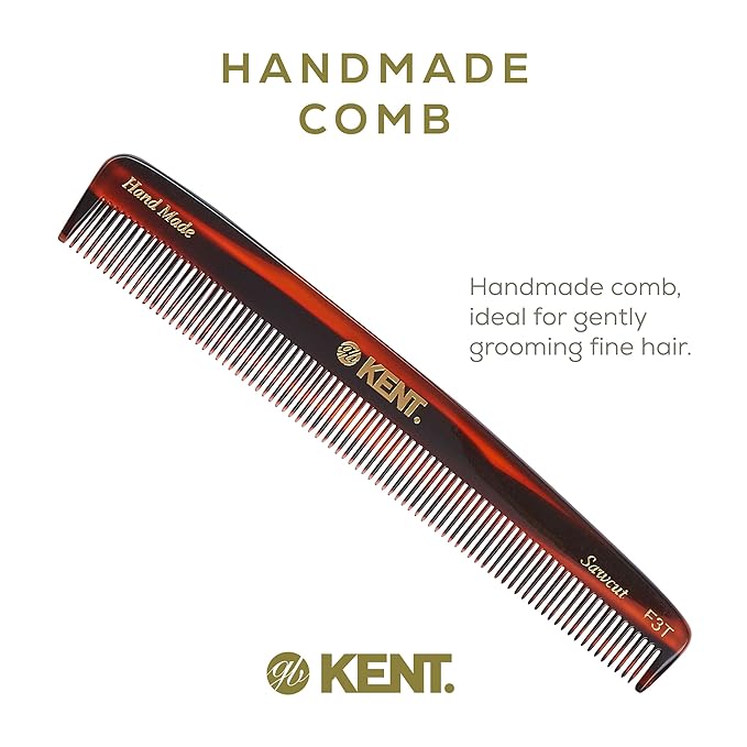 Kent F3T Tortoise Fine Tooth Comb - Hair Parting and Straightening Comb for Men's & Women's Dandruff Remover, Saw Cut and Hand Polished Made in England