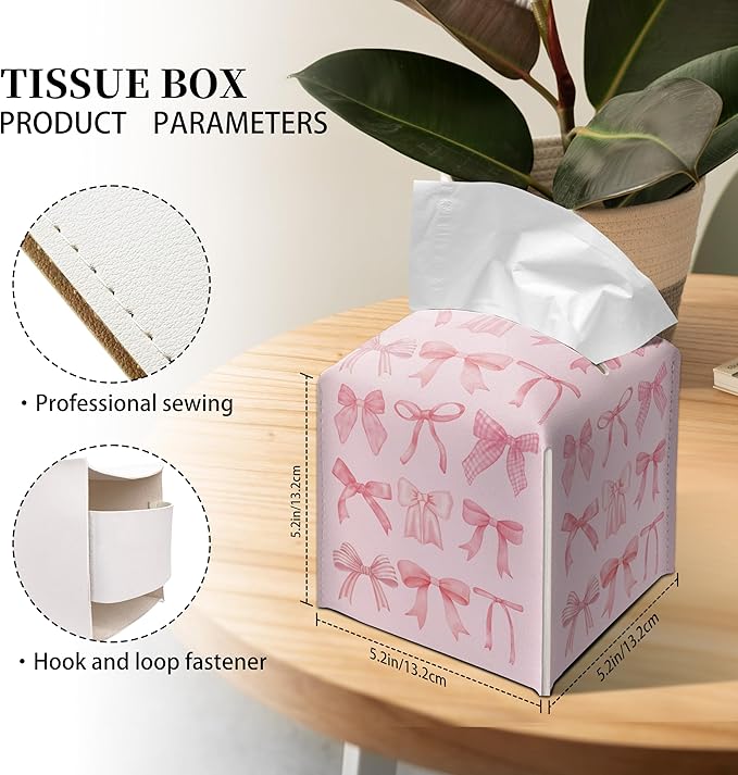 Grace Yonks Cute Tissue Box Cover Square - Allover Pink Bow Design 5.2" PU Leather Holder for Vanity, Desk, or Bathroom Counter - Cube Case for Facial Tissues(009)