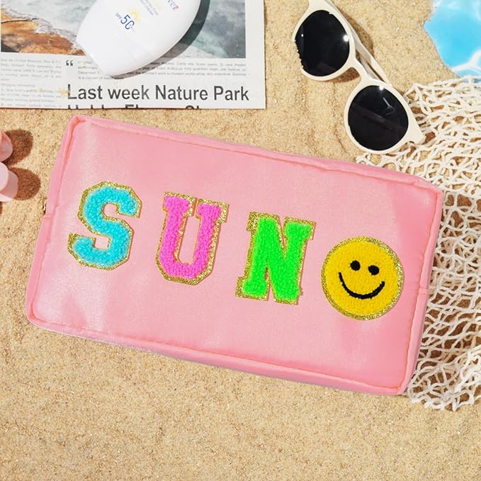 SOIDRAM Preppy Sun Makeup Bag Nylon Cosmetic Bag Stuff Makeup Pouch for Women Travel Toiletry Bag Organizer Cute Makeup Brushes Storage Bag with Chenille Letter Patches