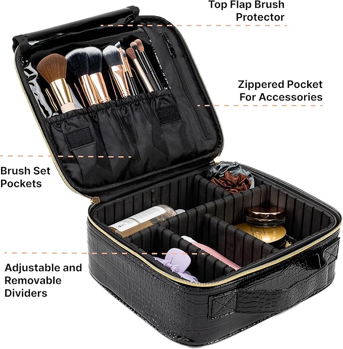 Carrywell Makeup Bag Travel Case, Not-Made In China, Hard Train Case for Cosmetics, Portable Beauty Artists Organizer, Storage Box With Adjustable Dividers For Make Up and Brushes, Small Crocodile