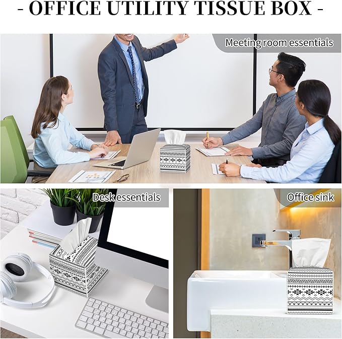 Boho Black White Geometric Tissue Box Cover Square,Abstract Tribal Symbol Tissue Box Holder Waterproof Leather Facial Paper Organizer Dispenser for Bathroom Home Car Nightstand Vanity Desk