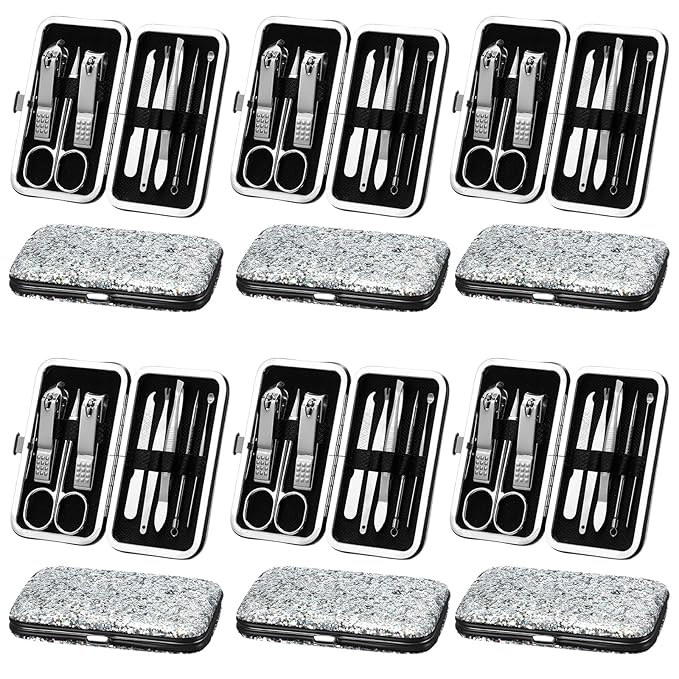 Geosar 12 Set 8 in 1 Manicure Set Stainless Steel Nail Clippers Kit Pedicure Care Tools with Leather Case Travel Grooming Kit Gift for Women Men Gift(Glitter Silver)