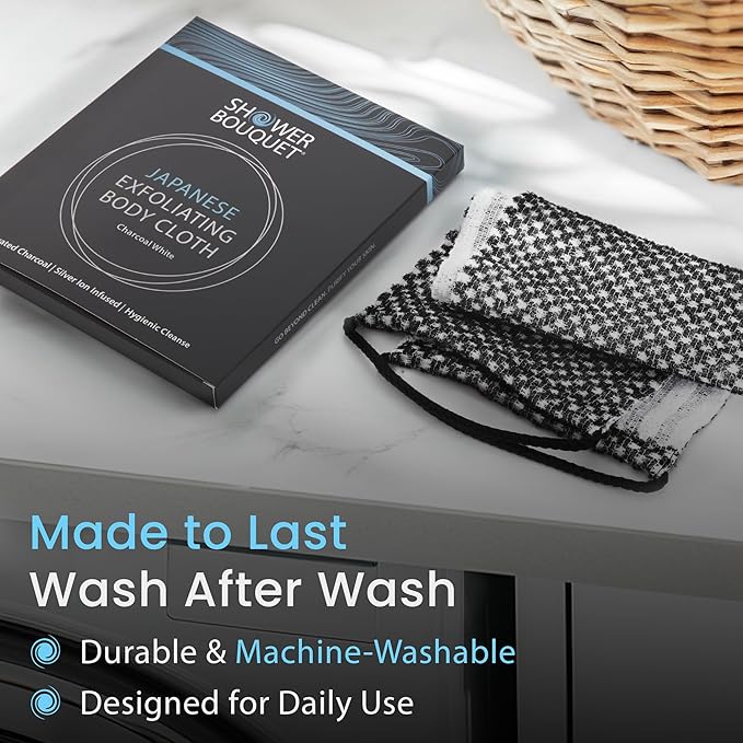 Japanese Exfoliating Washcloth for Back & Body - Charcoal & Silver Ion Exfoliating Towel - Two-Sided Gentle Exfoliation
