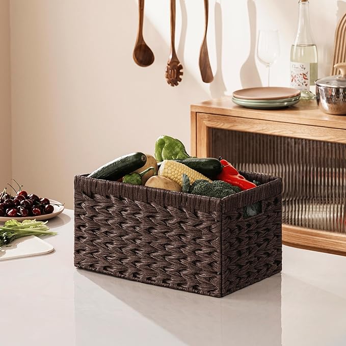 UBBCARE Storage Baskets with Label, Wicker Pantry Baskets for Shelves, Waterproof Woven Basket for Organizing, 2-Pack Plastic Rectangle Organizers with Handles,Dark Brown (13.4L×8.3H×7.1W)