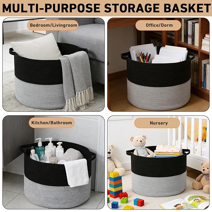 115L Large Blanket Basket,23.6"L x 23.6"W x 15.7"H Rope Woven Baskets with Handles, Toys Storage Bins,Laundry Basket Perfect for Living Room, Nursery,Bedroom,Home Organization,Black&Light Grey