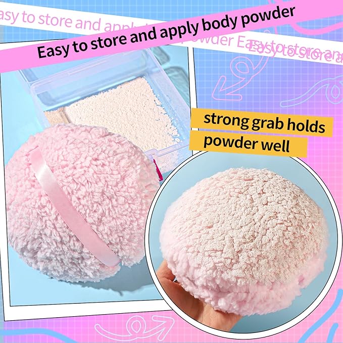 Powder Puff, 6" Powder Puff for Body Powder, Body Powder Puff, Soft Body Powder Puff and Container, Extra Large Women Pink