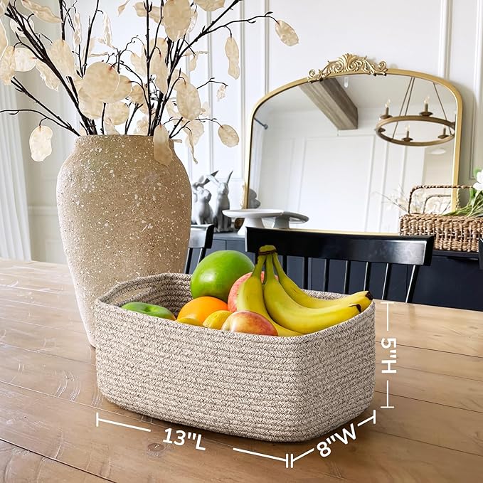Goodpick Storage Baskets, 13 x 8 x 5 in, Closet Shelf Organizers for Gifts Empty Baskets for Shelves Dog Toy Basket Woven Baskets for Storage for Towels for Organizing 3 Pack, White & Brown