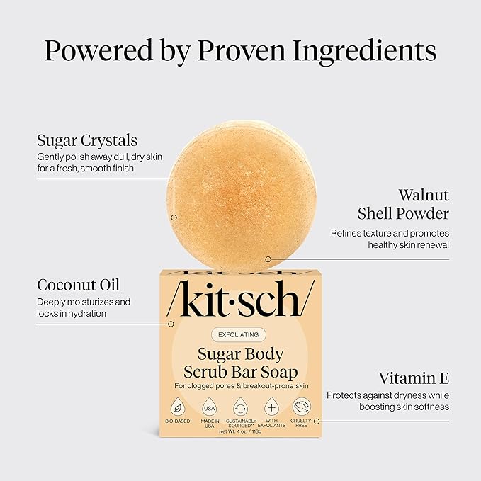 Kitsch Exfoliating Sugar Body Scrub Bar Soap – Polishing Soap Bar with Granules, Walnut Shell & Coconut Oil – Hydrating Exfoliating Body Scrub for Smooth, Glowing Skin Care – Made in the USA - 4 oz