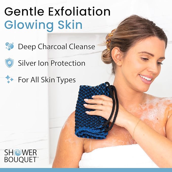 Japanese Exfoliating Washcloth for Back & Body - Charcoal & Silver Ion Exfoliating Towel - Two-Sided Gentle Exfoliation