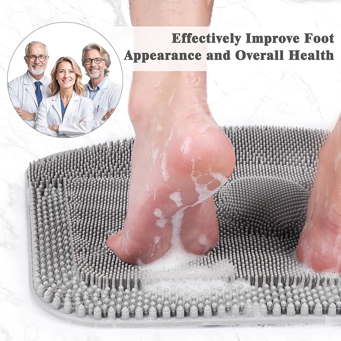 FREATECH Large Shower Foot Scrubber Mat, Silicone Foot Cleaner Brush to Clean, Exfoliate and Massage Feet Without Bending Over, Improve Foot Appearance and Overall Health, Grey - 17.3" x 13"