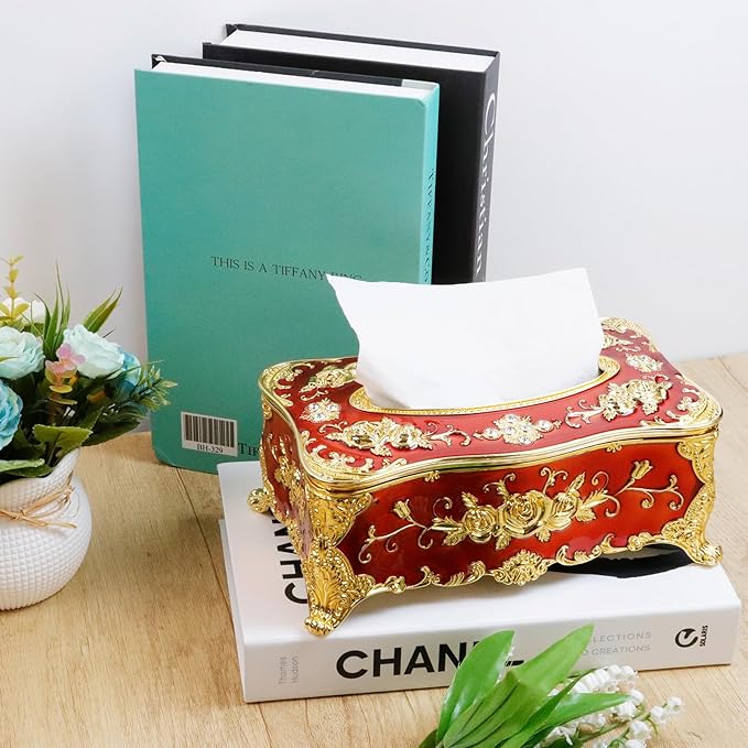 9.45"x5.43"x3.94" Luxurious Rose Tissue Box with Imitation Diamonds, Embossed Flowers, Elegant Tissue Paper Holders for Home Toilet Bath Hotel,Gold-Red