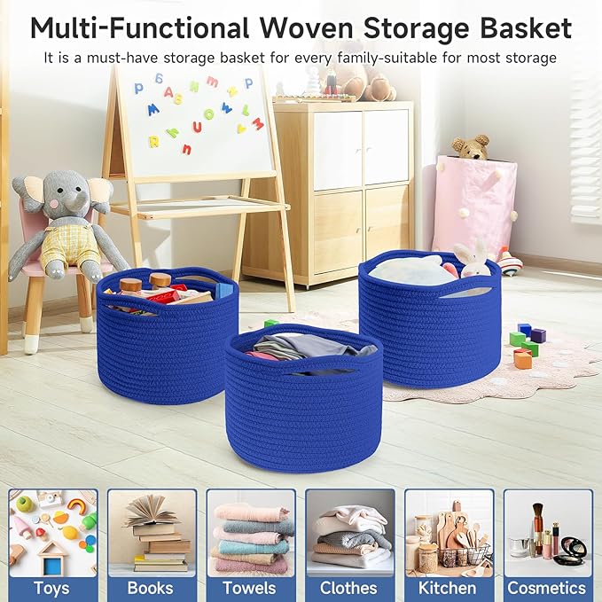 Small Rope Baskets for Storage, Baskets for Gifts Empty, Cute Round Woven Basket, Decorative Shelf Baskets 9.82×9.82×7.1", Cotton Toy Basket Storage Bins for Organizer 3 Packs