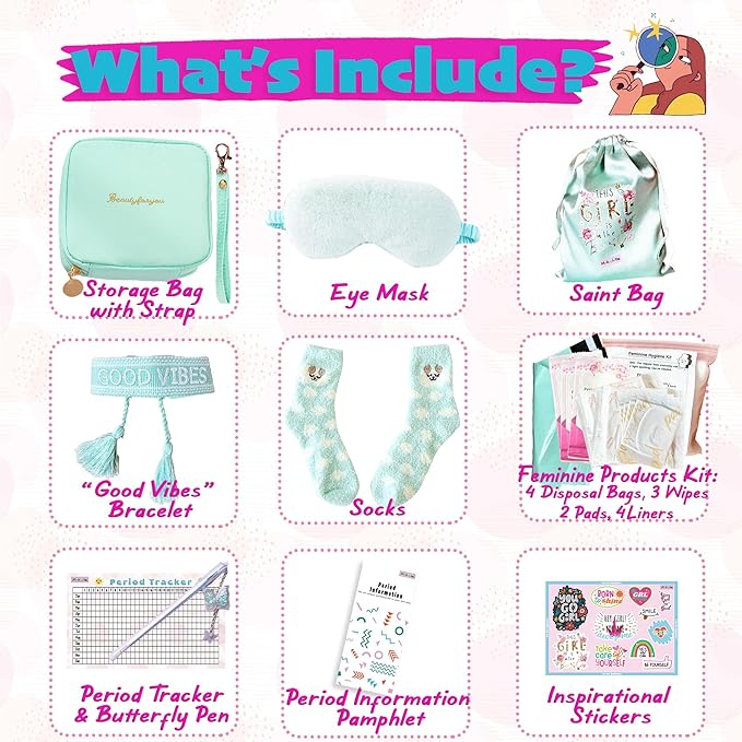 First Period kit for Girls | 22 PC Period Packs for Young Girls First Time | First Period Gift for Teen Girls with Sanitary Pad Storage Bag, Wipes, Bracelet, Eye Mask, Socks and More(Mint)