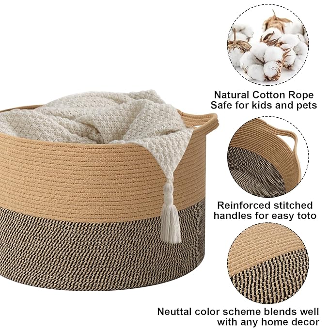115L Large Blanket Basket,23.6" L x 23.6" W x 15.7" H Rope Woven Baskets with Handles, Toys Storage Bins,Laundry Basket Perfect for Living Room, Nursery,Bedroom,Home Organization,Jute&Black