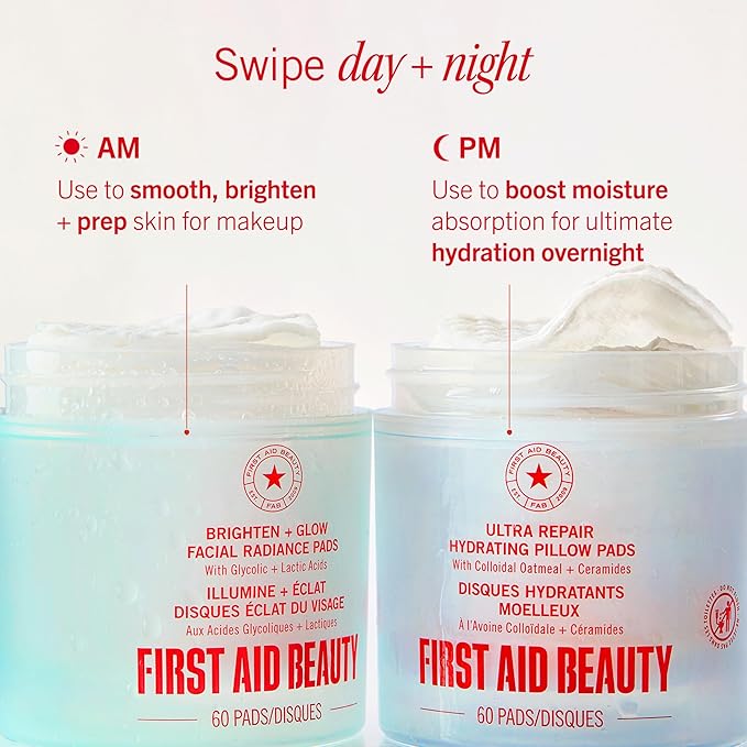 First Aid Beauty - Facial Radiance Pads with Glycolic & Lactic Acids, Daily Exfoliating Pads with AHA, Visibly Smaller Pores, Help Tone & Brighten Skin, One-Step Makeup Prep, Compostable, 90ct