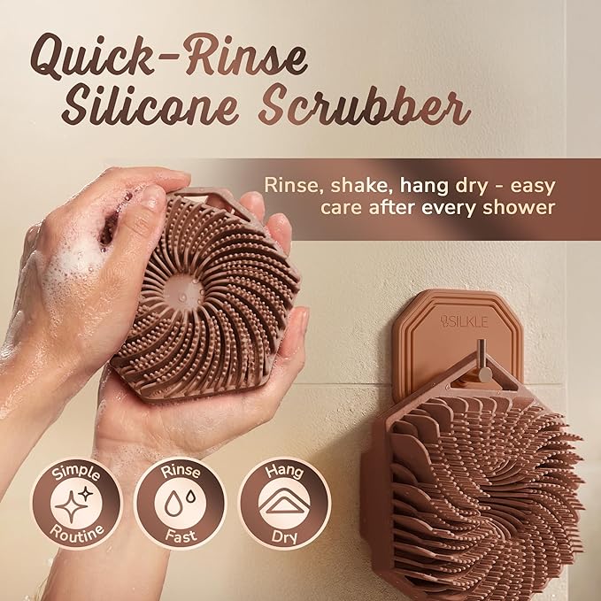 Silicone Body Scrubber – Gentle Exfoliating Shower Scrubber for Body & Bath, Silicone Shower Brush & Loofah Alternative – Non-Slip Silicone Body Brush, Quick Dry, Hygienic - Brown