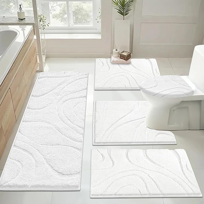 HEBE Bathroom Rugs Sets 5 Piece, Soft Absorbent Microfiber Bath Mat for Bathroom, Non Slip Washable Bath Rug Set with Toilet Cover, Bath Runner and U-Shaped Contour Toilet Rug, White