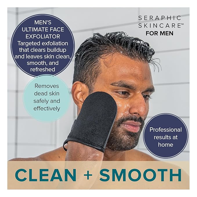 Seraphic Skincare Men Ultimate Exfoliating Facial Mitt – 100% Vegan Dual-Sided Face Mitten with Viscose & Washcloth – Facial Scrub Pad for Gentle Cleansing & Exfoliation – Natural Dead Skin Remover