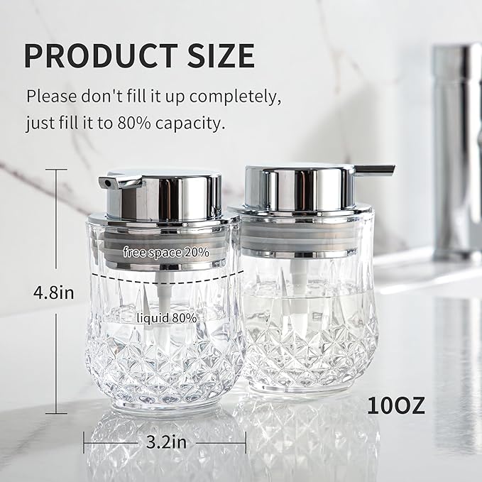 Glass Soap Dispenser Set - 2 Pack Bathroom Hand Liquid Soap Dispensers,Refillable Dish Soap Dispenser,Modern Home Soap Dispenser for Bathroom,Kitchen(Clear/Silver Liquid Pump/2Pack)